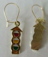 Traffic Sign Dangle Pierced Earrings ~ Stop Light Stop Gold Toned New Old Stock