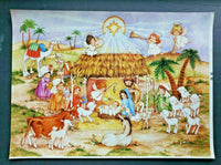 Vintage Nativity Sceen w/ Angels Animals Colorful Cartoonish Art Print 20"x14"