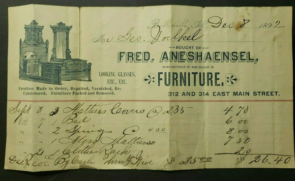 1892 Fred Aneshaensel Furniture Belleville Ill Letter Head / Receipt  PB7