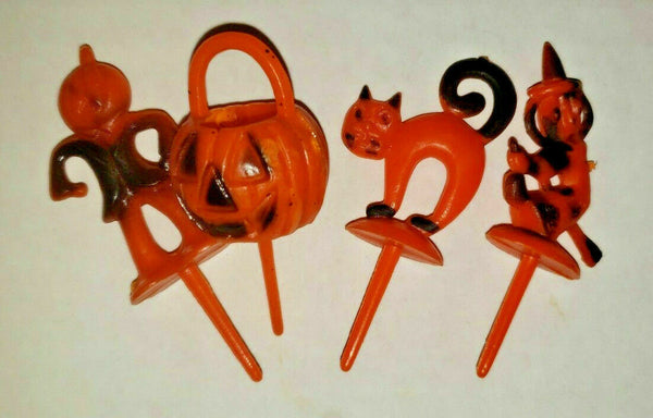 Vintage Halloween Party Pumpkin Scarecrow Witch Cat Cupcake Pick New 4 Hong Kong