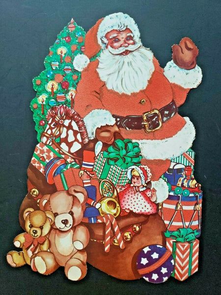 Vintage Flocked " Santa Christmas Tree Toys " Double sided Wall Haning 13  x  9"