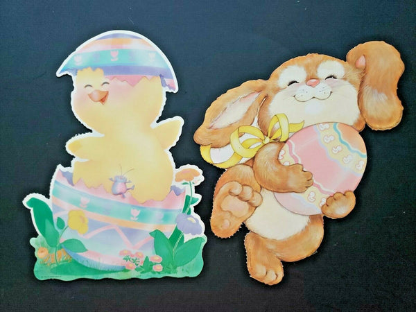 Vintage 2 Hallmark Easter Holiday Diecut Cutouts 1986 Bunny Chick Eggs 11x8"