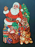 Vintage Flocked " Santa Christmas Tree Toys " Double sided Wall Haning 13  x  9"