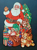 Vintage Flocked " Santa Christmas Tree Toys " Double sided Wall Haning 13  x  9"