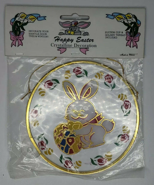 Vintage Crystalline Easter Bunny Eggs Window Decoration Round 5" New U77/4