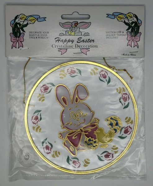 Vintage Crystalline Easter Bunny Eggs Window Decoration Round 5" New U77/6