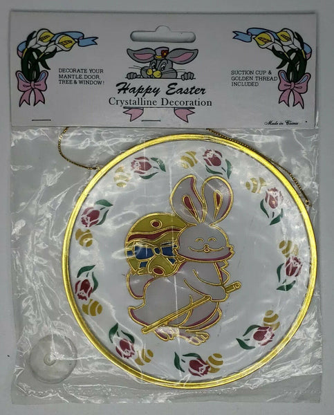 Vintage Crystalline Easter Bunny Eggs Window Decoration Round 5" New U77/5