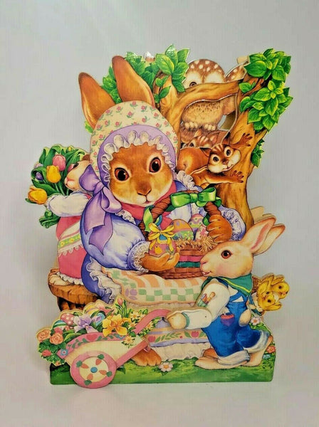 Vtg Wood Easter Bunnies Decoration Musical Wind Up Moveable Video! 2 Sided U77/1