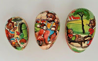 Vintage Paper Mache Nesting Easter 3 Eggs  Wagon Bunnies WesternGermany U78/11