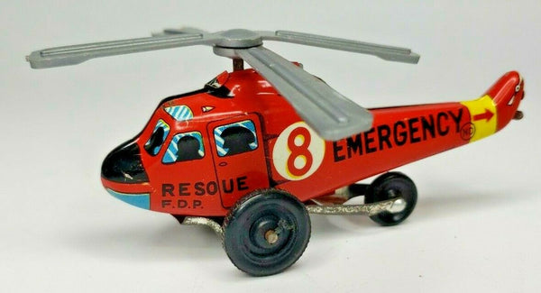 1960's Tin Litho Rescue Emergency Helicopter Toy Made Japan Plastic Blades PB32