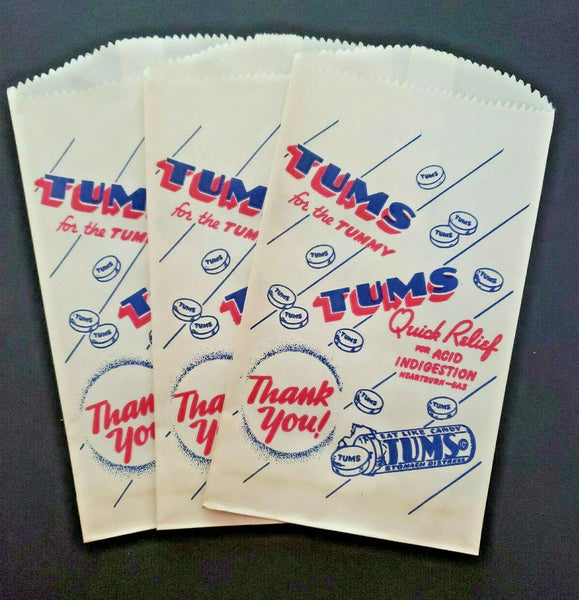 Vintage 3 Tums Medicine Drug Store Advertising Bag New Old Stock PB166