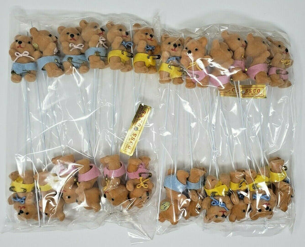 Vintage 2 Bags Flocked Teddy Bear Cake Toppers Picks Pink Yellow Blue