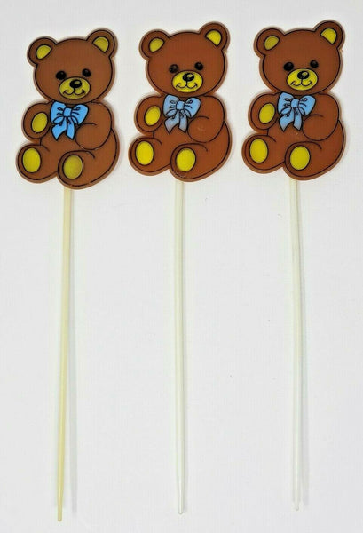 Vintage 10" Flat Teddy Bear Baby Shower Cupcake Toppers Picks 3 Picks Blue