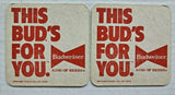 Vintage Budweiser Beer Coasters This Bud's For You Lot of 2 NOS 3.3/8" SQ PB175