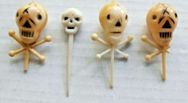 Vintage Halloween Cake Picks & Cupcake Toppers Lot of 4 Skulls