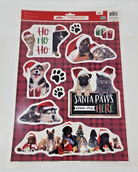 Christmas Window Clings Sticker Decals Holiday Decor Cat Dog Santa Paws Here U13