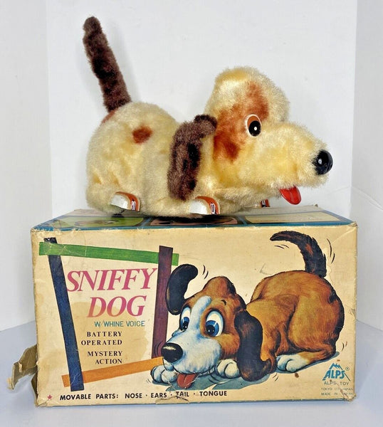 Vintage 1960's Sniffy Dog Tin Battery Opperated Moving Dog Toy With Box SKU U11