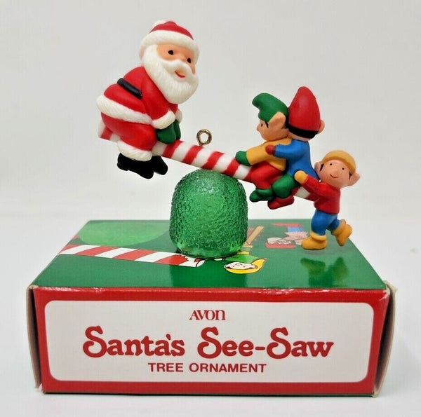 Vintage Avon Santa's See-Saw Christmas Tree Ornament Elves Santa Claus w Box U95