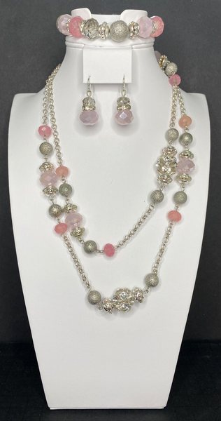 Premier Designs Pink & Silver Tone Beaded Necklace Bracelet & Earrings SKU PD18