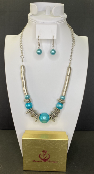 Premier Designs Jewelry Siver Tone & Blue Beaded Necklace & Earrings SKU PD40