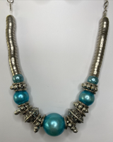 Premier Designs Jewelry Siver Tone & Blue Beaded Necklace & Earrings SKU PD40