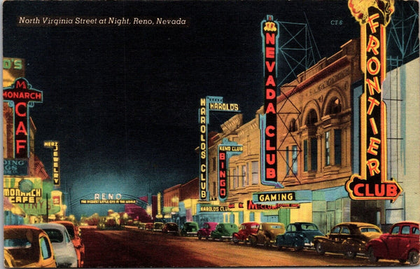 North Virgina Street at Night Reno Nevada Postcard PC167