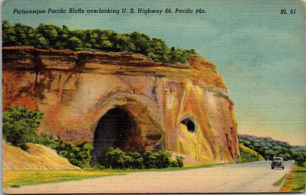 Picturesque Pacific Bluffs Overlooking US Highway 66 Pacific MO Postcard PC176