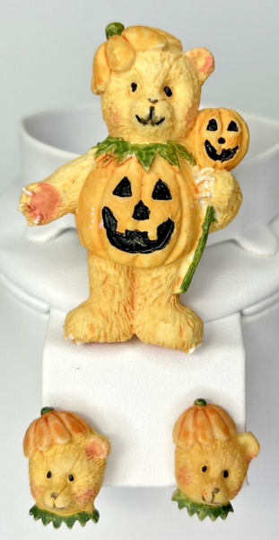 Vintage Teddy Bear Pumpkin JOL Halloween Pin Brooch 3-D and Earrings PB74