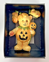 Vintage Teddy Bear Pumpkin JOL Halloween Pin Brooch 3-D and Earrings PB74