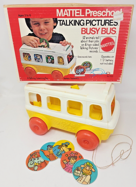 Vintage 1972 Talking Pictures Busy Bus Toy by Mattel with Box 5 Discs U154