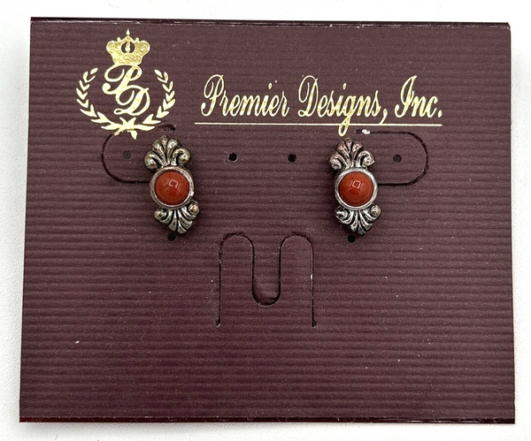 Premier Designs ''Pico" Small Stud Earrings Red Stone Silver Tone SKU PB73
