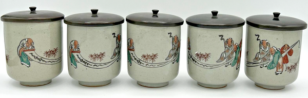 Vintage Japanese Pottery Ceramic Cups Painted with Lids Set of 5 U133