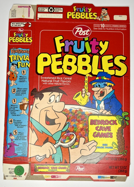 1996 Empty Fruity Pebbles Bedrock Cave Games 13OZ Cereal Box SKU U198/50