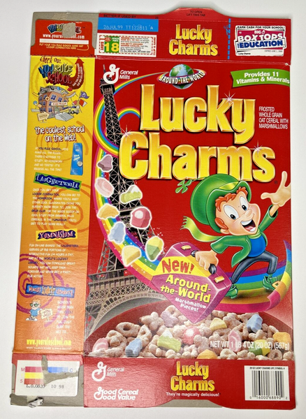 1999 Empty General Mills Lucky Charms Around-the-World 20 Oz Cereal Box U198/22