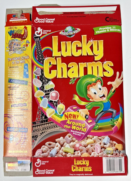 1999 Empty General Mills Lucky Charms Around-the-World 14 Oz Cereal Box U198/37