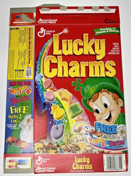 1998 Empty Lucky Charms Hot Wheels or Barbie 14 Oz Cereal Box U19825