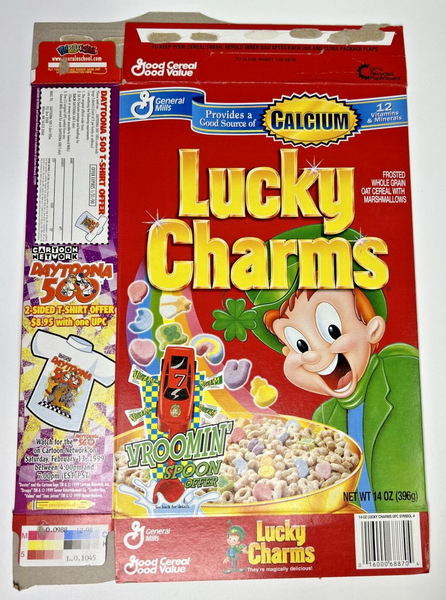 1999 Empty General Mills Lucky Charms Vroomin Spoon 14 Oz Cereal Box U198/23