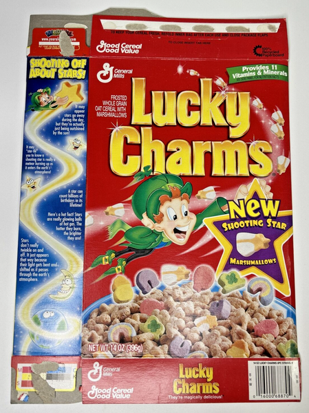 1998 Empty Lucky Charms Shooting Star Marshmallow 14Oz Cereal Box U19820