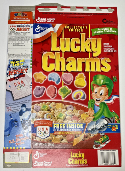 1998 Empty General Mills Lucky Charms US Olympics 14 Oz Cereal Box U198/26