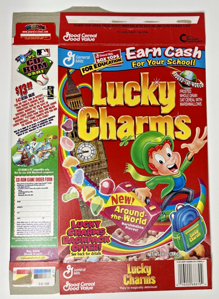 1999 Empty General Mills Lucky Charms Around-the-World 14 Oz Cereal Box U198/34