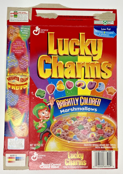 1997 Empty  Lucky Charms Brightly Colored Marshmallows 6.5 Oz Cereal Box U198/39