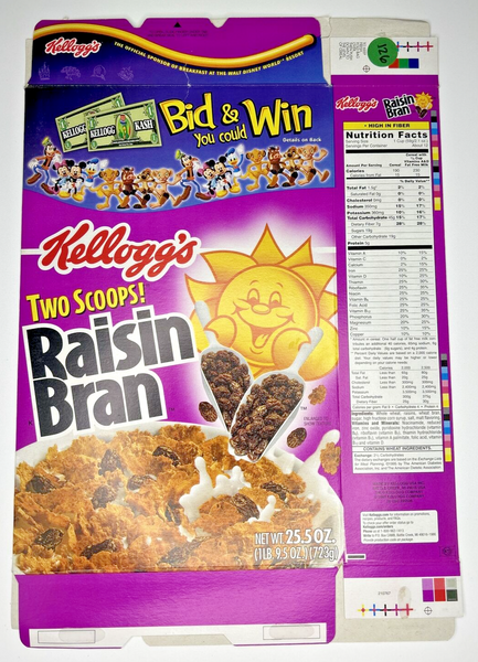 2004 Empty Kellogg's Raisin Bran Disney Bid & Win 25.5OZ Cereal Box SKU U198/126