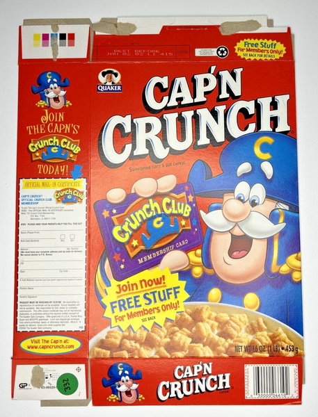 2001 Empty Cap'n Crunch Crunch Club 16OZ Cereal Box SKU U200/332