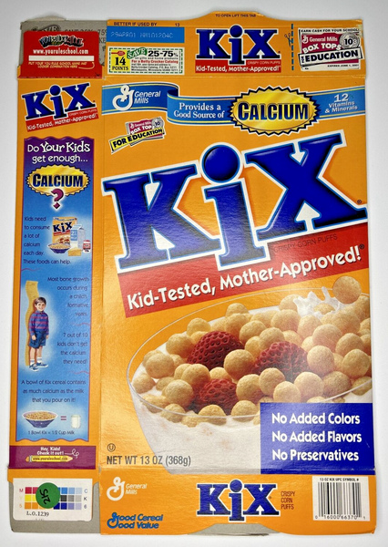 2001 Empty General Mills Kix Good Source of Calcium 13OZ Cereal Box SKU U198/215