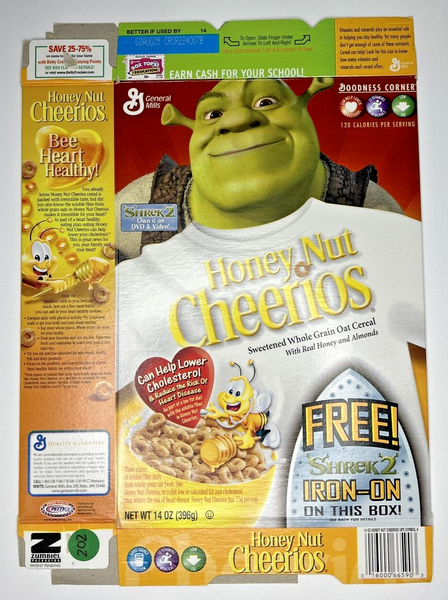 2005 Empty Honey Nut Cheerios Shrek Iron On 14OZ Cereal Box SKU U198/202