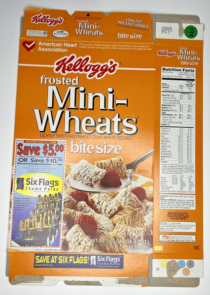1998 Empty Kellogg's Mini-Wheats Six Flags Offer 24.3OZ Cereal Box SKU U198/199