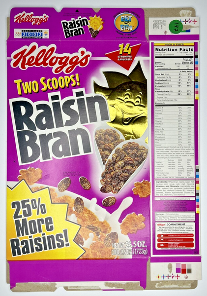 2002 Empty Kellogg's Raisin Bran Metallic Sun 25.5OZ Cereal Box SKU U198/177