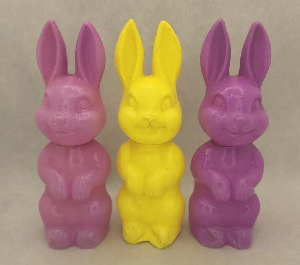 Vintage 3 Easter Bunny Rabbit Blow Mold Plastic Candy Holders Yellow Purple U215
