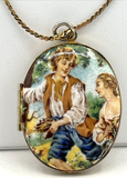 Vintage Limoges Style Courting Couple Locket Necklace on Monet Chain SKU PB73