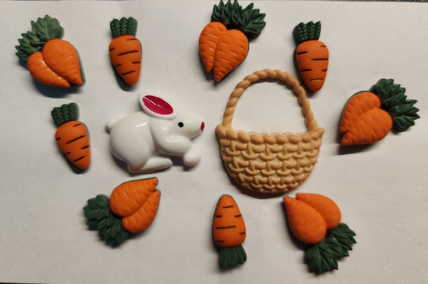 Vintage Jesse James Easter Rabbit Carrots Basket Plastic Shank Buttons PB85